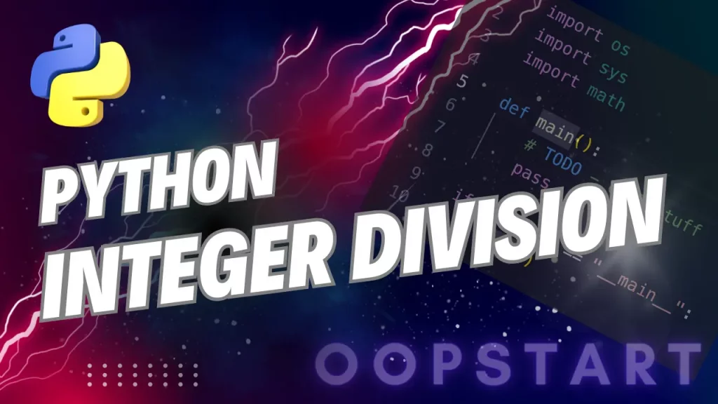 Lightning bolt and Python code snippet with "PYTHON INTEGER DIVISION" in blocky caps