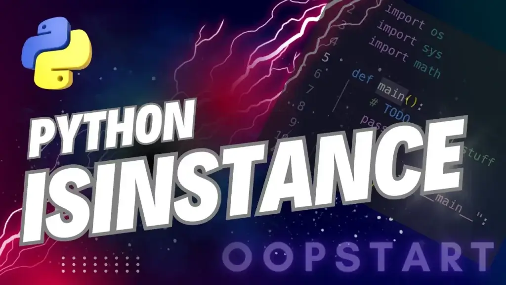 Lightning bolt and Python code snippet with "PYTHON ISINSTANCE" in blocky caps