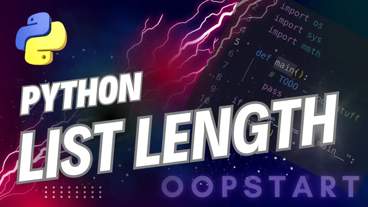 Lightning bolt and Python code snippet with "PYTHON LIST LENGTH" in blocky caps