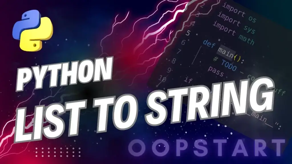 Lightning bolt and Python code snippet with "PYTHON LIST TO STRING" in blocky caps