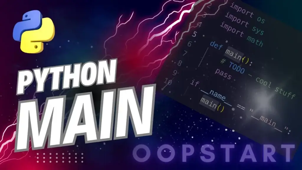 Lightning bolt and Python code snippet with "PYTHON MAIN" in blocky caps