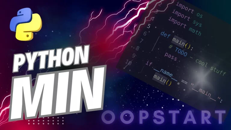 Lightning bolt and Python code snippet with "PYTHON MIN" in blocky caps