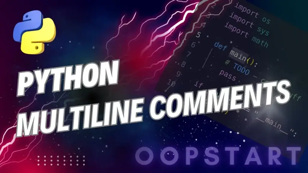 Lightning bolt and Python code snippet with "PYTHON MULTILINE COMMENTS" in blocky caps
