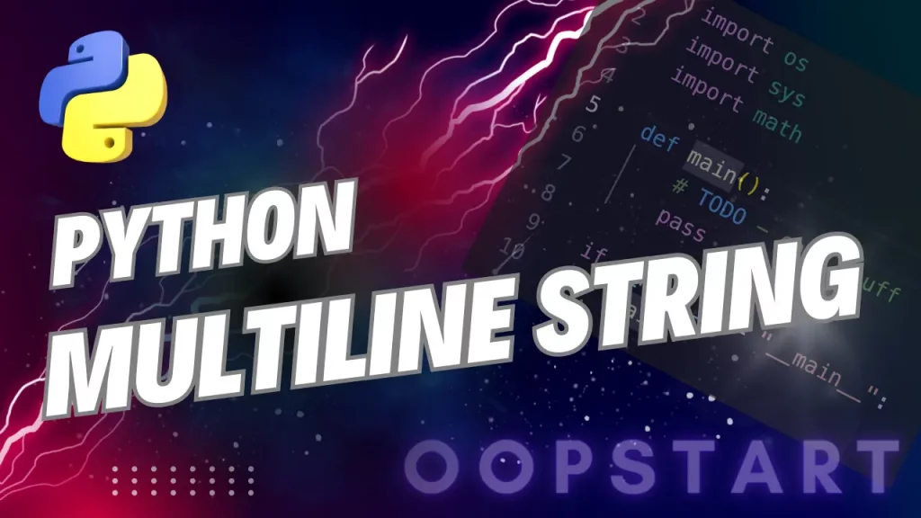Lightning bolt and Python code snippet with "PYTHON MULTILINE STRING" in blocky caps