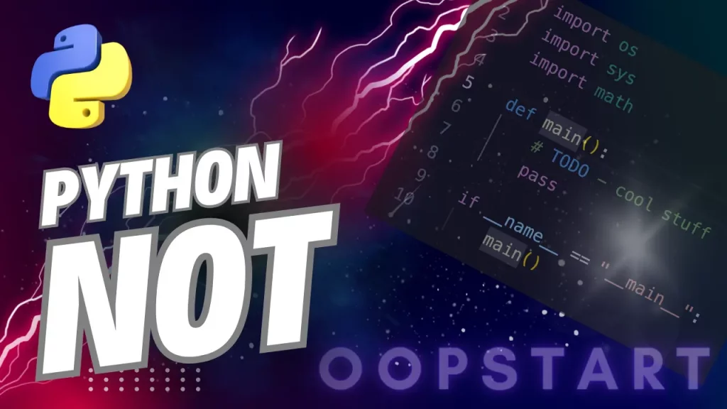 Lightning bolt and Python code snippet with "PYTHON NOT" in blocky caps