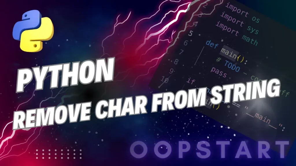 Lightning bolt and Python code snippet with "PYTHON REMOVE CHARACTER FROM STRING" in blocky caps