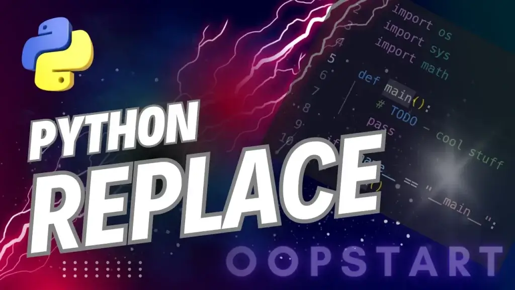 Lightning bolt and Python code snippet with "PYTHON REPLACE" in blocky caps