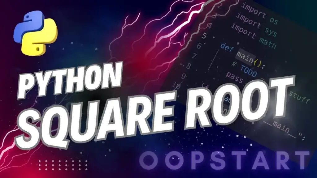 Lightning bolt and Python code snippet with "PYTHON SQUARE ROOT" in blocky caps
