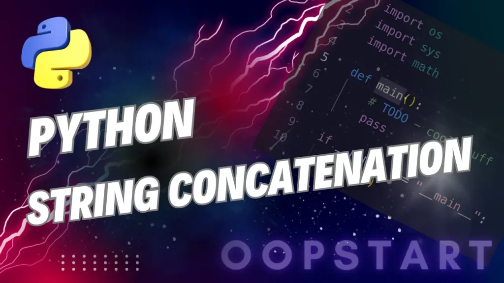 Lightning bolt and Python code snippet with "PYTHON STRING CONCATENATION" in blocky caps