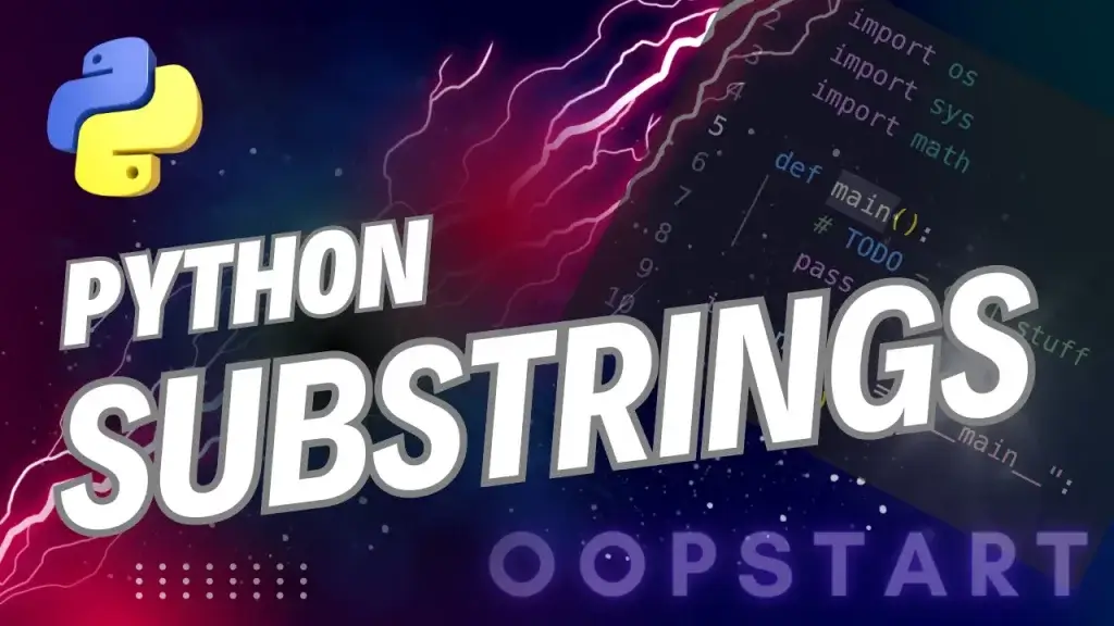 Lightning bolt and Python code snippet with "PYTHON SUBSTRINGS" in blocky caps