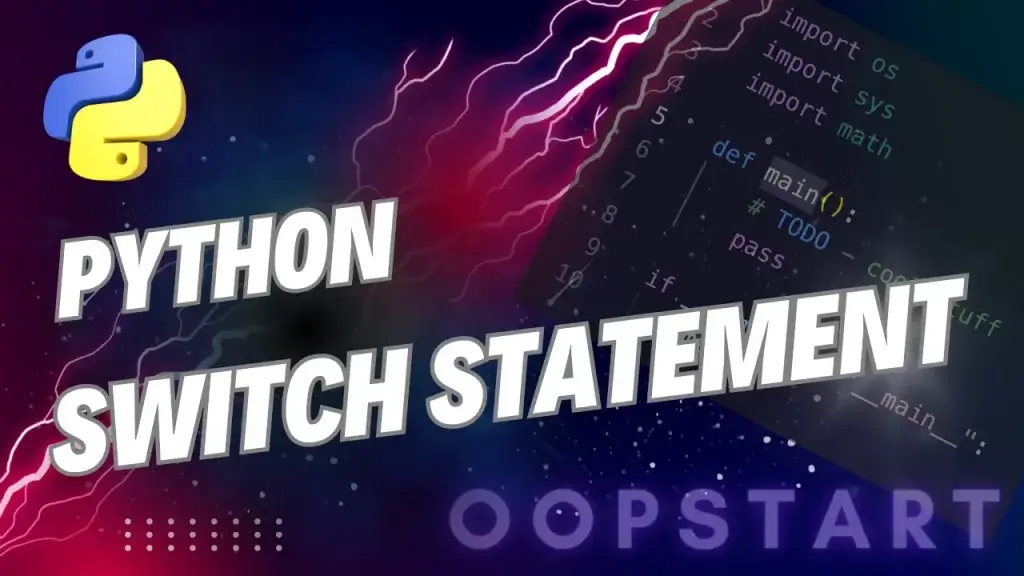 Lightning bolt and Python code snippet with "PYTHON SWITCH STATEMENT" in blocky caps