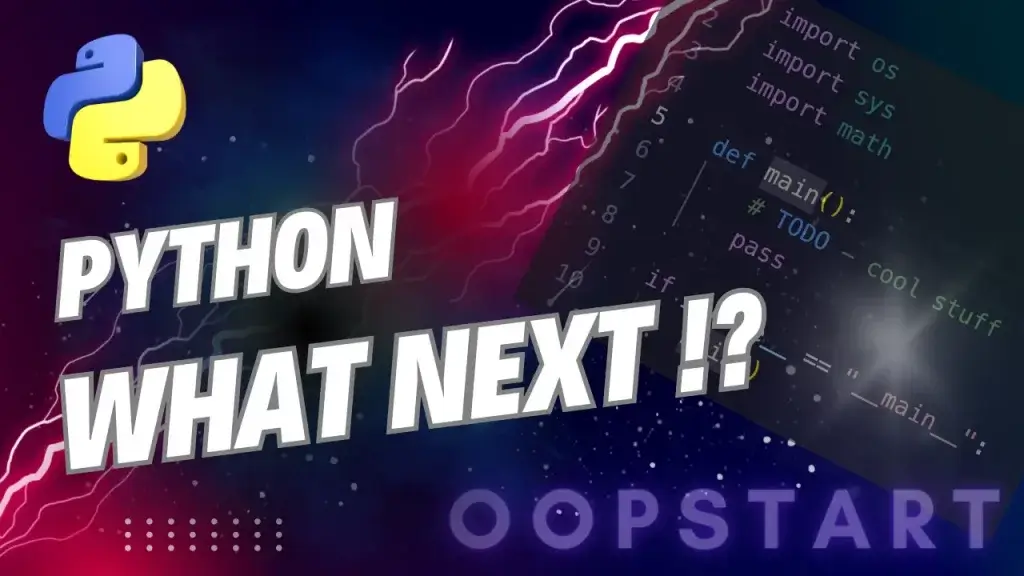 Lightning bolt and Python code snippet with "Python What Next!?" in blocky caps
