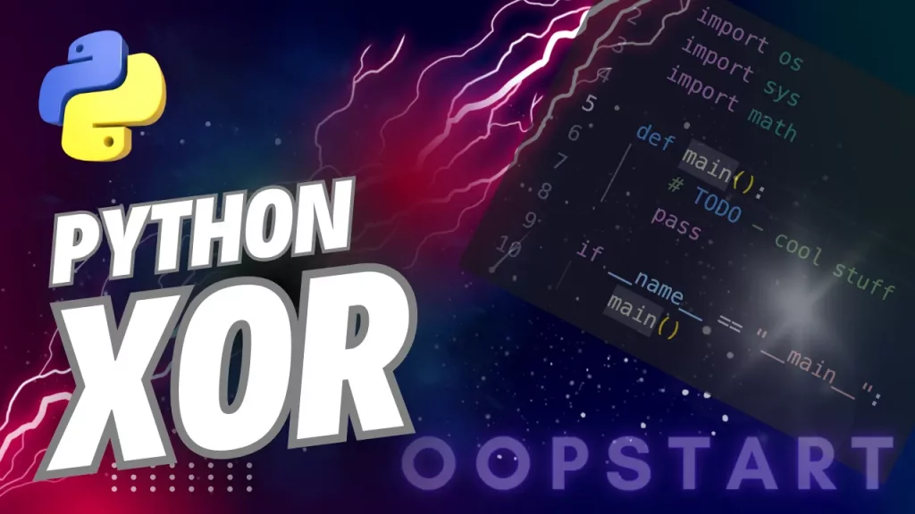 Lightning bolt and Python code snippet with "PYTHON XOR" in blocky caps