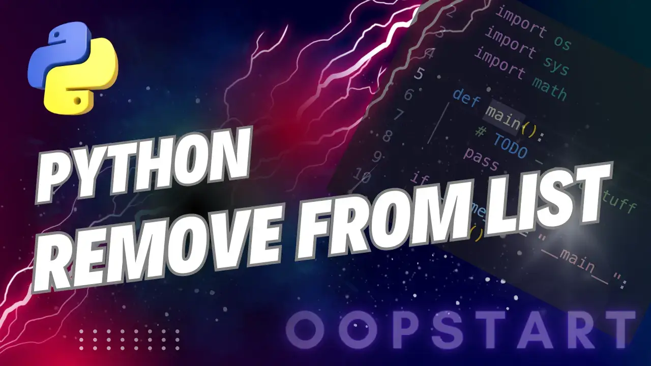 Lightning bolt and Python code snippet with "PYTHON REMOVE FROM LIST" in blocky caps