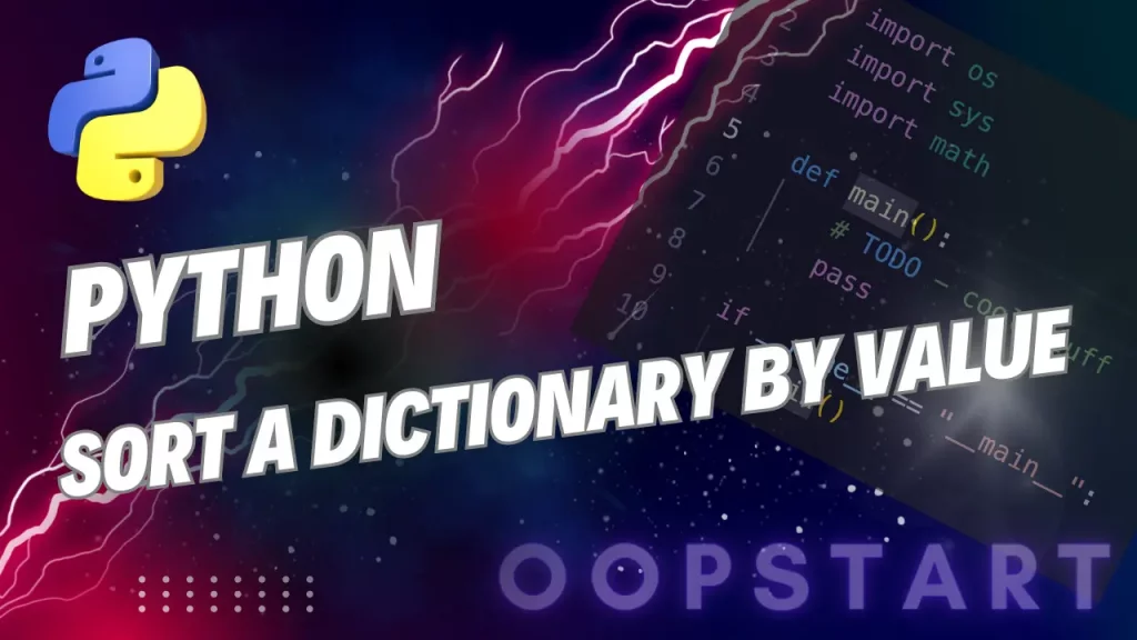 Lightning bolt and Python code snippet with "PYTHON SORT DICTIONARY BY VALUE" in blocky caps