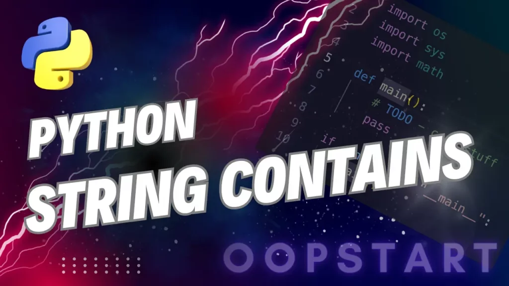 Lightning bolt and Python code snippet with "PYTHON STRING CONTAINS" in blocky caps