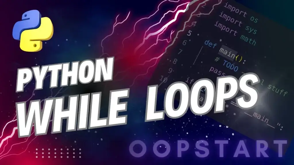 Lightning bolt and Python code snippet with "Python While Loops" in blocky caps