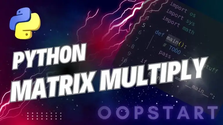 Lightning bolt and Python code snippet with "PYTHON MATRIX MULTIPLICATION" in blocky caps
