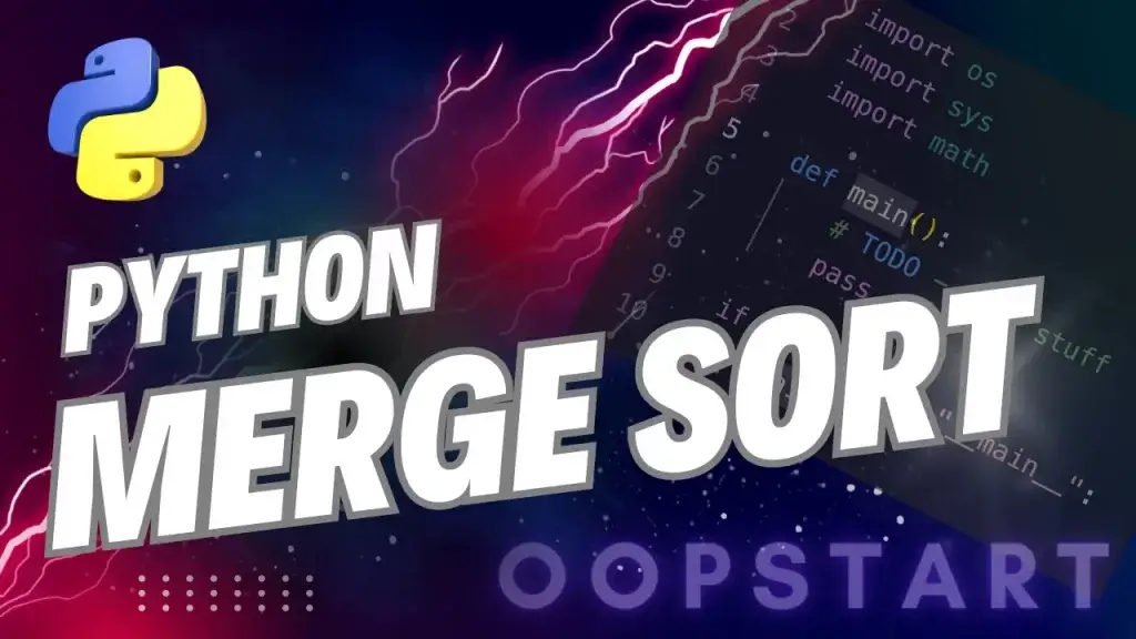 Lightning bolt and Python code snippet with "PYTHON MERGE SORT" in blocky caps