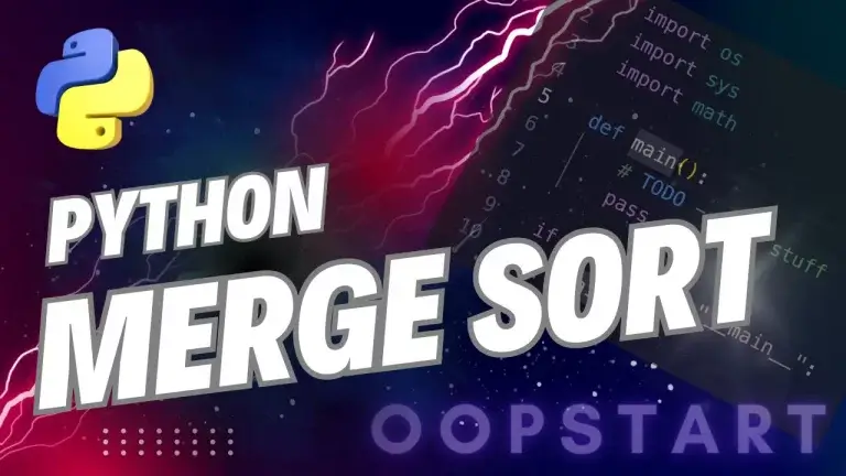 Lightning bolt and Python code snippet with "PYTHON MERGE SORT" in blocky caps