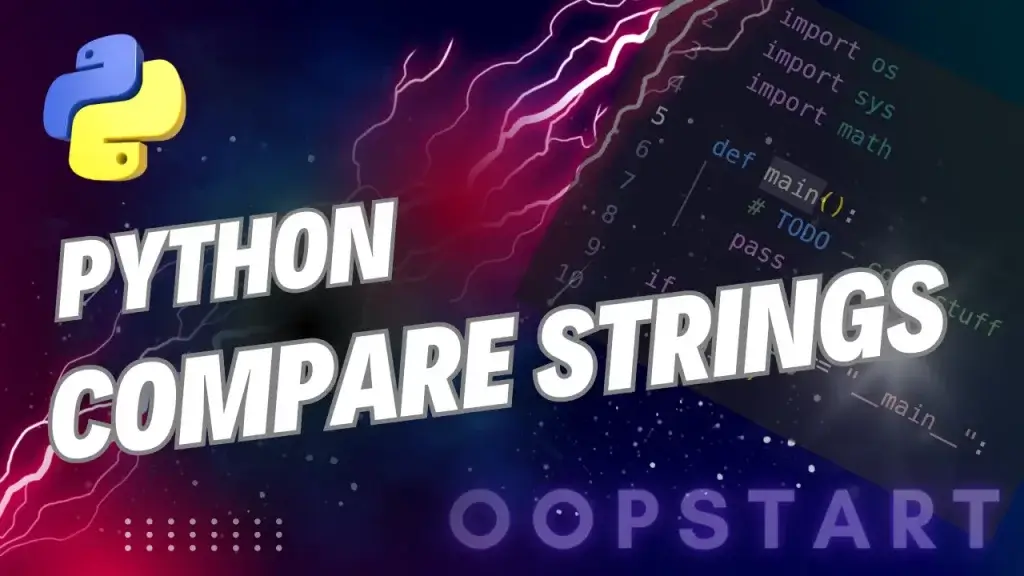 Lightning bolt and Python code snippet with "PYTHON COMPARE STRINGS" in blocky caps