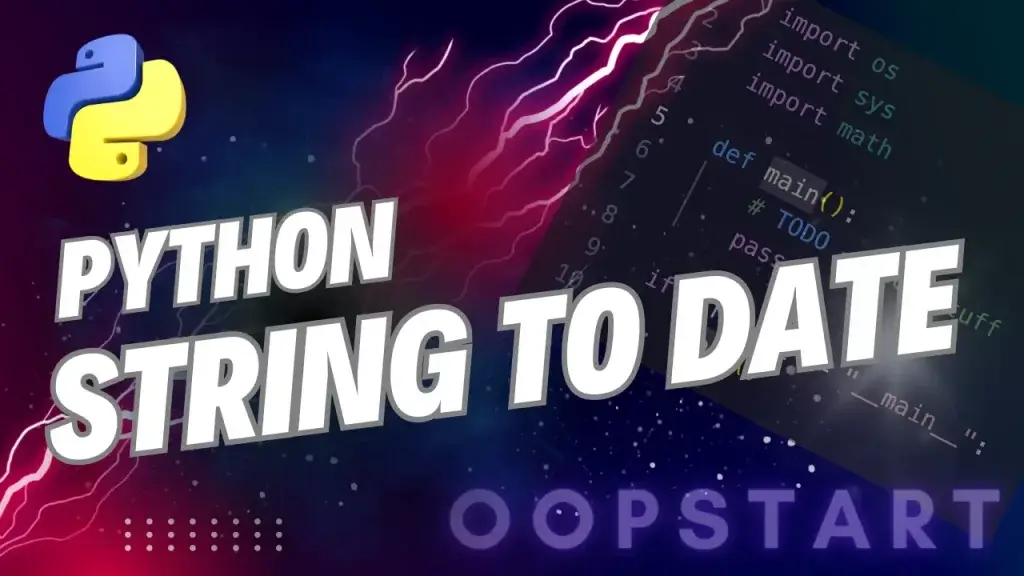 Lightning bolt and Python code snippet with "PYTHON CONVERT STRING TO DATETIME" in blocky caps