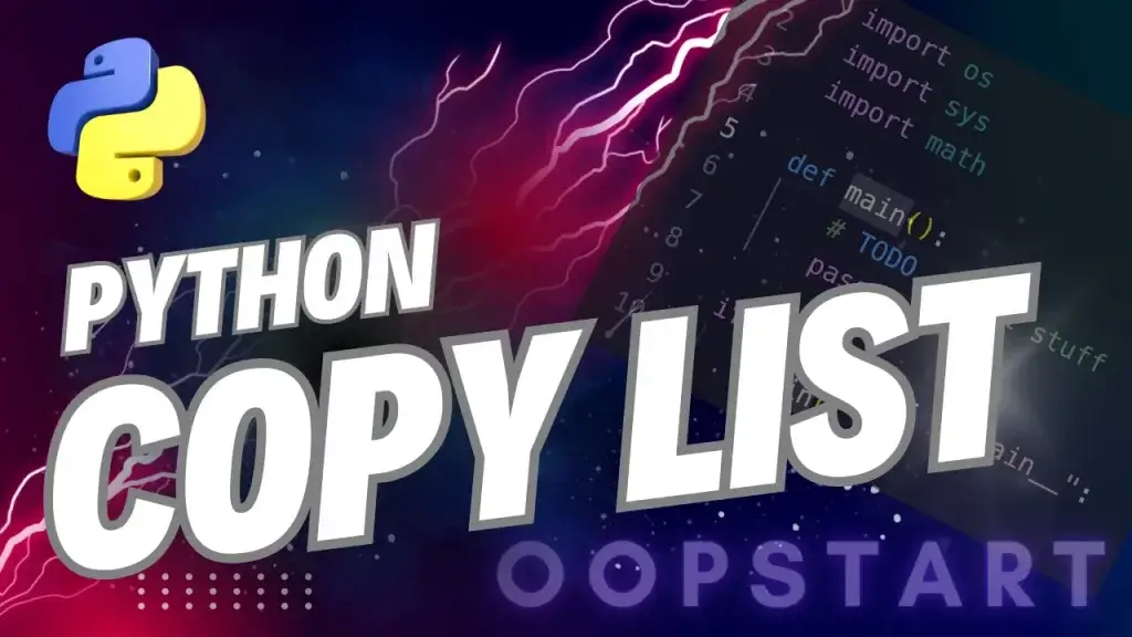 Lightning bolt and Python code snippet with "PYTHON COPY LIST" in blocky caps