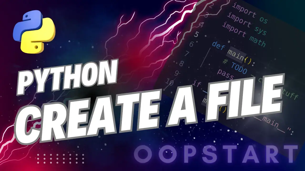 Lightning bolt and Python code snippet with "PYTHON CREATE FILE" in blocky caps