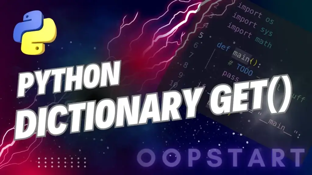 Lightning bolt and Python code snippet with "PYTHON DICTIONARY GET" in blocky caps