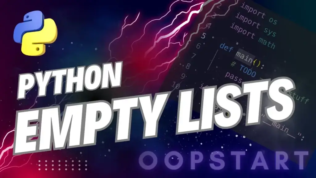 Lightning bolt and Python code snippet with "PYTHON EMPTY LIST" in blocky caps