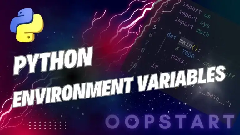 Lightning bolt and Python code snippet with "PYTHON ENVIRONMENT VARIABLES" in blocky caps