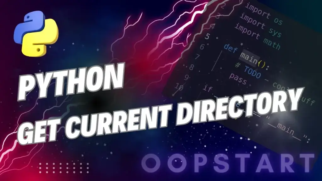 Lightning bolt and Python code snippet with "PYTHON GET CURRENT DIRECTORY" in blocky caps