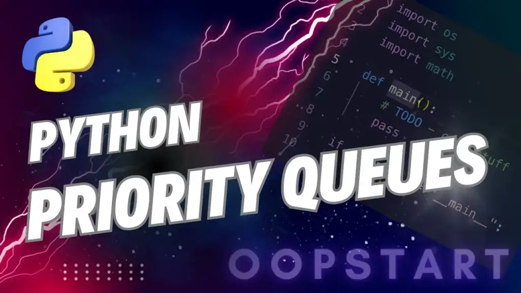 Lightning bolt and Python code snippet with "PYTHON PRIORITY QUEUE" in blocky caps