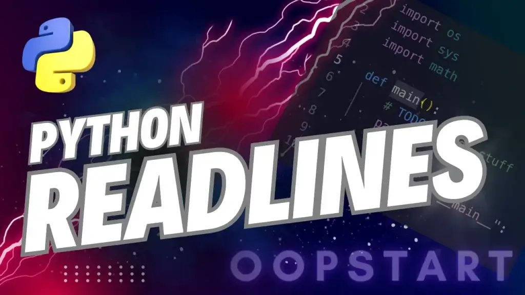Lightning bolt and Python code snippet with "PYTHON READLINES" in blocky caps