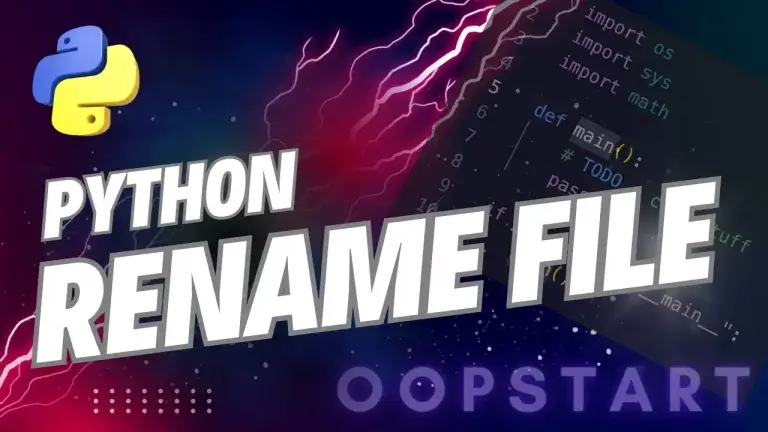 Lightning bolt and Python code snippet with "PYTHON RENAME FILE" in blocky caps