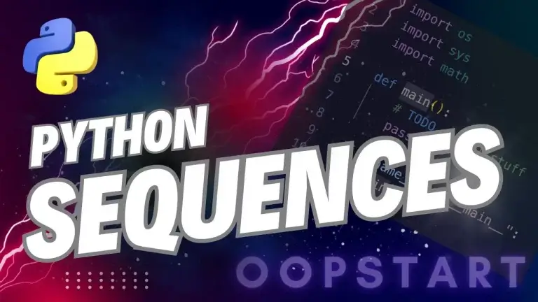 Lightning bolt and Python code snippet with "PYTHON SEQUENCES" in blocky caps