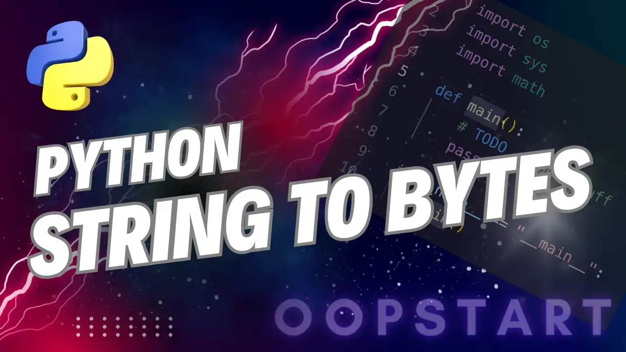 Lightning bolt and Python code snippet with "PYTHON STRING TO BYTES" in blocky caps