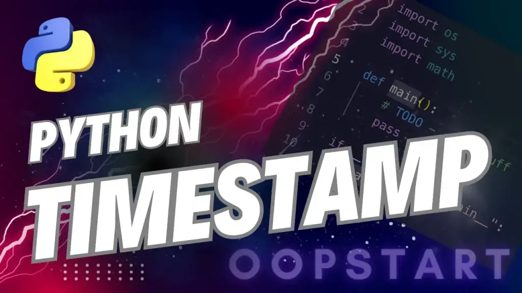 Lightning bolt and Python code snippet with "PYTHON TIMESTAMP" in blocky caps