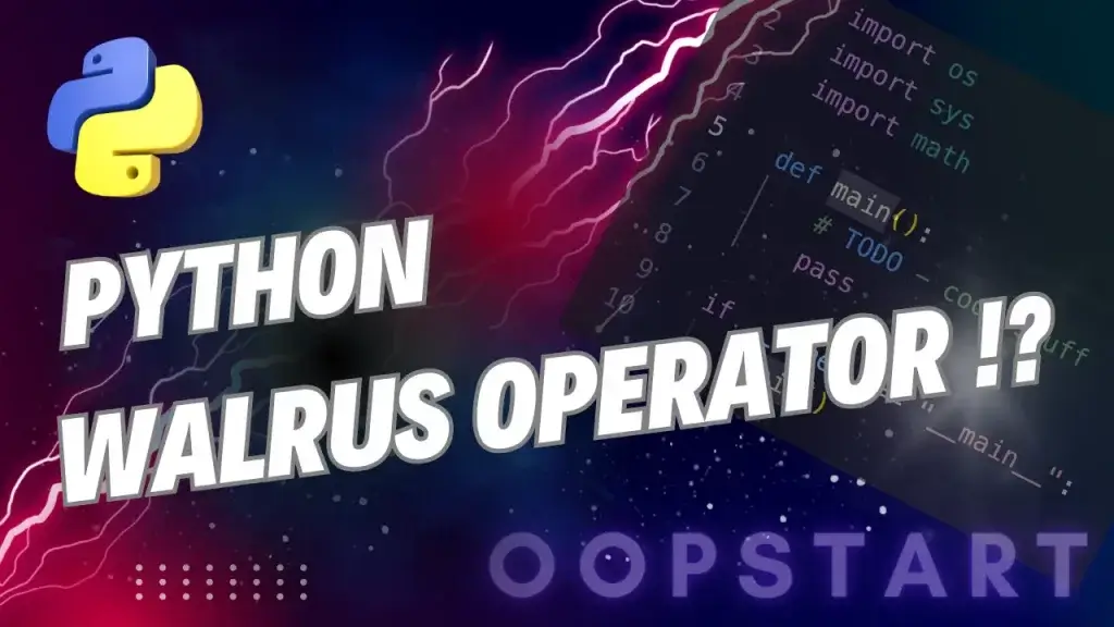 Lightning bolt and Python code snippet with "PYTHON WALRUS OPERATOR" in blocky caps
