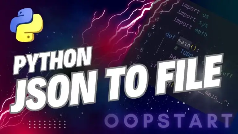 Lightning bolt and Python code snippet with "PYTHON WRITE JSON TO FILE" in blocky caps