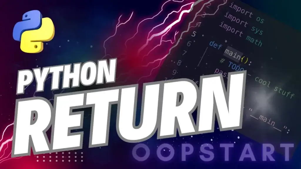 Lightning bolt and Python code snippet with "PYTHON RETURN" in blocky caps