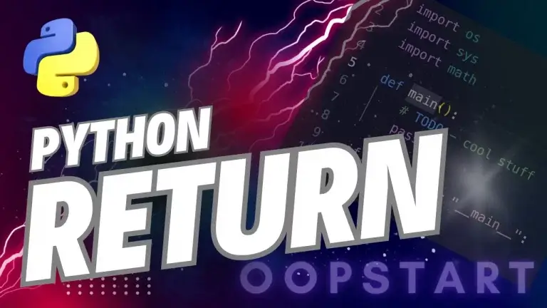 Lightning bolt and Python code snippet with "PYTHON RETURN" in blocky caps
