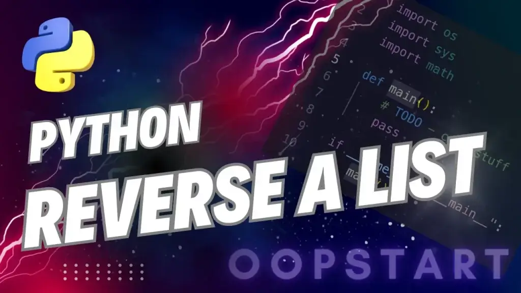 Lightning bolt and Python code snippet with "REVERSE LIST PYTHON" in blocky caps