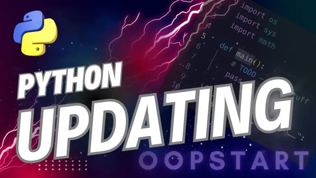 Lightning bolt and Python code snippet with "PYTHON UPDATING" in blocky caps